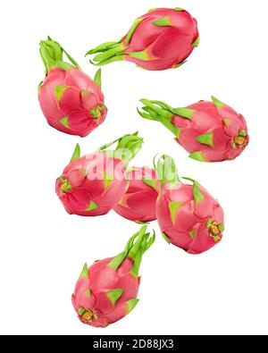 Falling dragon fruit, pitahaya, pitaya, isolated on white background, clipping path, full depth of field Stock Photo