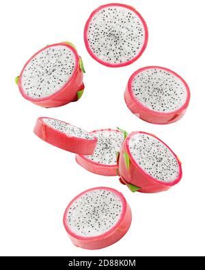 Falling dragon fruit slice, pitahaya, pitaya, isolated on white background, clipping path, full depth of field Stock Photo