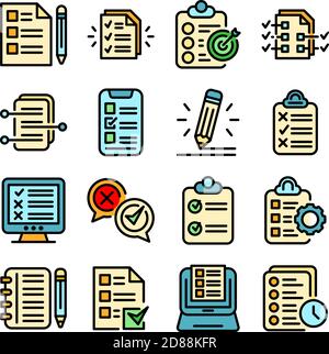 Assignment icons set. Outline set of assignment vector icons thin line color flat on white Stock Vector