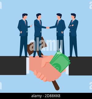 Man handshake for buy law metaphor of bribery and corruption. Business flat vector concept illustration. Stock Vector