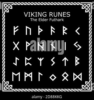 Viking Runes The Elder Futhark alphabet vector design set in celtic frame - white on black background Stock Vector