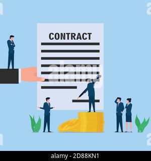 Manager climb coin and sign on contract metaphor of corruption and bribery. Business flat vector concept illustration. Stock Vector