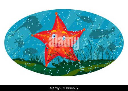 Sea star under the sea on marine background. Cartoon red starfish. Starfish ocean mascot.Happy tropical sea star. Underwater world.Vector illustration Stock Vector