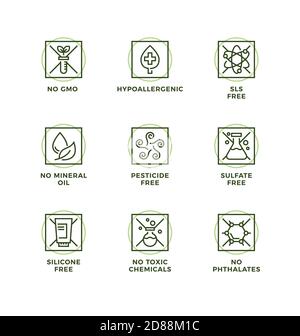 Vector set of design elements, logo design template, icons and badges for natural and organic cosmetic. SLS free, sulfate free, silicone free, no mine Stock Vector