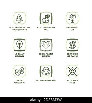 Vector set of design elements, logo design template, icons and badges for natural and organic cosmetic with eco based ingredients. Line icon set, edit Stock Vector
