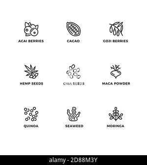 Vector set of design elements, logo design template, icons and badges for healthy food, superfood. Line icon set, editable stroke. Stock Vector