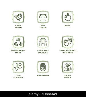 Vector set of design elements, logo design template, icons and badges for natural and organic cosmetic and product. Handmade, Fair trade, Raw, Ethical Stock Vector