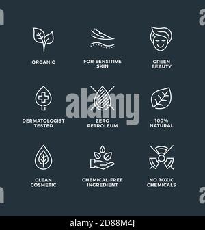 Vector set of design elements, logo design template, icons and badges for natural and organic cosmetic. Line icon set, editable stroke. Stock Vector