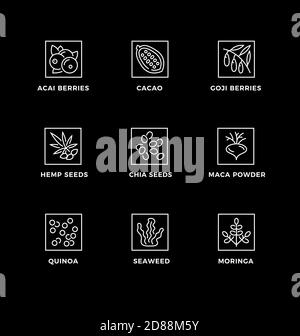 Vector set of design elements, logo design template, icons and badges for healthy food, superfood. Line icon set, editable stroke. Stock Vector
