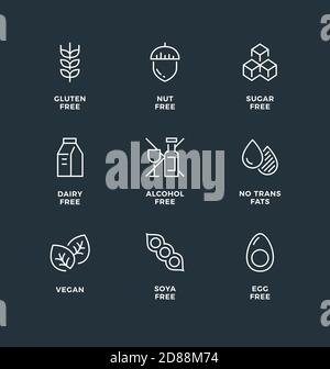 Vector set of design elements, logo design template, icons and badges for healthy food packaging without allergens. Line icon set, editable stroke. Stock Vector