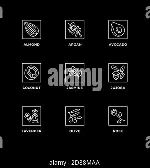 Vector set of design elements, logo design template, icons and badges for healthy food oils for cooking or for bio cosmetics. Line icon set, editable Stock Vector