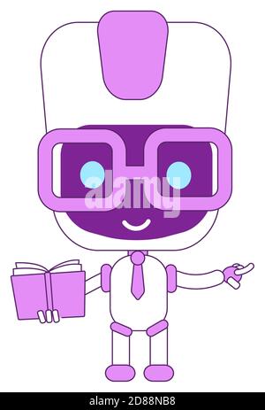 Cute modern robot with magnifying glass violet linear object Stock Vector