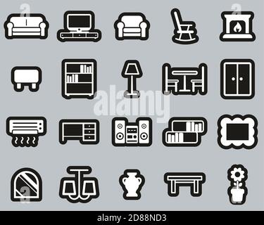 Living Room Furniture Icons White On Black Sticker Set Big Stock Vector