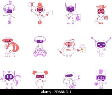 Robots red and violet linear objects set Stock Vector