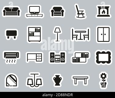 Living Room Furniture Icons Black & White Sticker Set Big Stock Vector