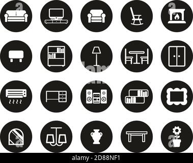 Living Room Furniture Icons White On Black Flat Design Circle Set Big Stock Vector