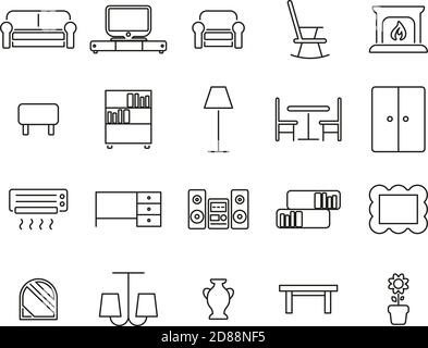Living Room Furniture Icons Black & White Thin Line Set Big Stock Vector