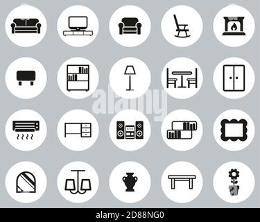 Living Room Furniture Icons Black & White Flat Design Circle Set Big Stock Vector