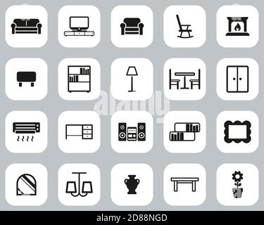 Living Room Furniture Icons Black & White Flat Design Set Big Stock Vector