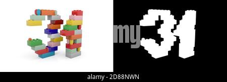 Colorful toy plastic number thirty-one (number 31) from building bricks with alpha channel and shadow on white background. 3D illustration Stock Photo