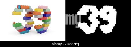 Colorful toy plastic number thirty-nine (number 39) from building bricks with alpha channel and shadow on white background. 3D illustration Stock Photo