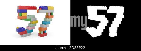 Colorful toy plastic number fifty-seven (number 57) from building bricks with alpha channel and shadow on white background. 3D illustration Stock Photo