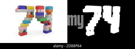 Colorful toy plastic number seventy-four (number 74) from building bricks with alpha channel and shadow on white background. 3D illustration Stock Photo