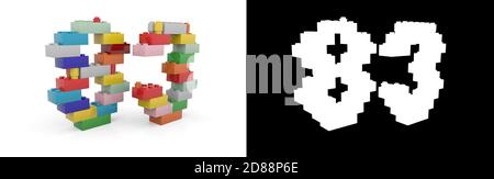 Colorful toy plastic number eighty-three (number 83) from building bricks with alpha channel and shadow on white background. 3D illustration Stock Photo
