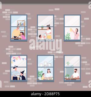 People in different apartments windows flat color vector illustration Stock Vector