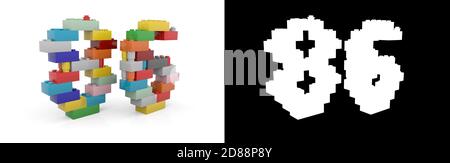 Colorful toy plastic number eighty-six (number 86) from building bricks with alpha channel and shadow on white background. 3D illustration Stock Photo