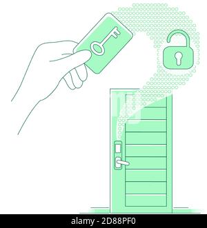 Plastic keycard and keyless lock thin line concept vector illustration Stock Vector
