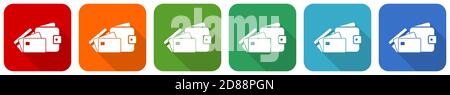 Wallet and credit cards, business icon set, flat design vector illustration in 6 colors options for webdesign and mobile applications Stock Vector
