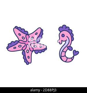 Fancy ocean creatures - seahorse and starfish. Simple stickers in naive cartoon style. Isolated vector design elements in childish style Stock Vector