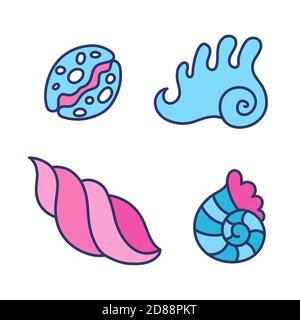 Different shells in naive style - isolated vectors. Four seashells, cartoon simple drawings. Isolated vector design elements in childish style Stock Vector