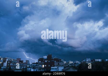 Electric storm over a neighbourhood in Barcelona. Catalonia. Spain. Stock Photo