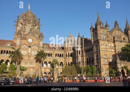 Partial view of iconic, landmark Chhatrapati Shivaji Maharaj Terminus (CSMT), a UNESCO heritage site in Fort area, Mumbai, India Stock Photo