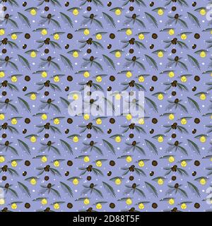 New Year and Christmas seamless pattern with branches cones and balls on blue background Stock Vector