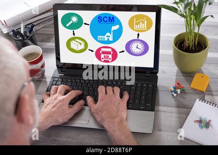 Scm concept shown on a laptop used by a man Stock Photo