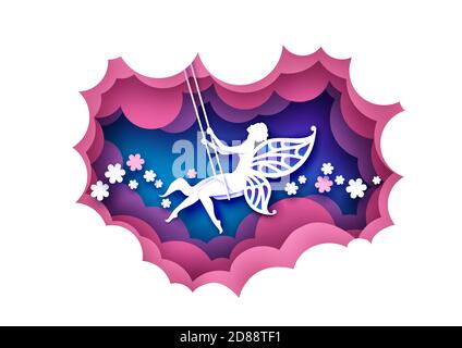 Paper cut cute magic fairy swinging on swing. Vector illustration in paper art style. Stock Vector