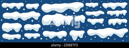 Set of white snow caps with shadow isolated on blue background vector illustration. Snowy cartoon elements for winter backgrounds and design. Stock Vector