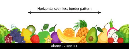 Vector seamless border pattern with ripe and fresh fruits. Healthy vegan food. Stock Vector