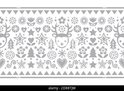 Christmas Scandinavian folk art vector gray seamless pattern, cute festive design with reindeer, snowflakes, hearts, stars, Christmas trees and flower Stock Vector