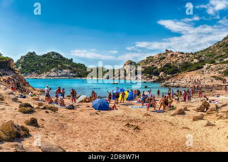 SPARGI, ITALY - AUGUST 8: View over the picturesque Cala Corsara beach in the island of Spargi, one of the highlights of the Maddalena Archipelago, Sa Stock Photo