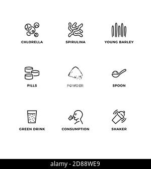 Vector set of design elements, logo design template, icons and badges for  superfood – chlorella, spirulina, young barley. Line icon set, editable str Stock Vector
