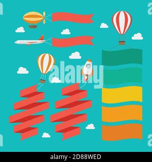 Set of flying vehicle pull the banners. Vector illustration Stock Vector