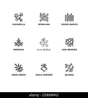 Vector set of design elements, logo design template, icons and badges for healthy food, superfood. Line icon set, editable stroke. Stock Vector