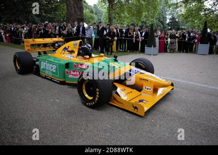 London, UK. 10th July, 2019. The 1992 Michael Schumacher Benetton B192 seen during the Live show performance at the 2019 Grand Prix Ball. Credit: Pietro Recchia/SOPA Images/ZUMA Wire/Alamy Live News Stock Photo
