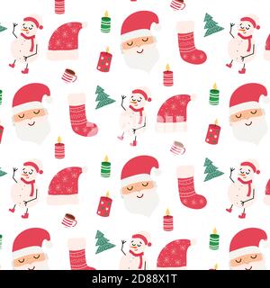 pattern of symbols of Christmas. Santa Claus, Snowman, candles, Christmas tree. The pattern is repeated and has no seams. Cute Cartoon vector Stock Vector