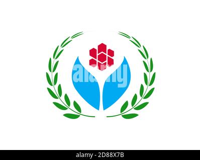 Flower Icon with green wreath and red flower. Minimal Logo Design. Emblem. Vector Template Stock Vector
