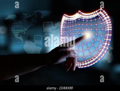 Computer security concept. Hand and padlocks symbolizing data protection in the network and personal computers. Mixed media. Stock Photo